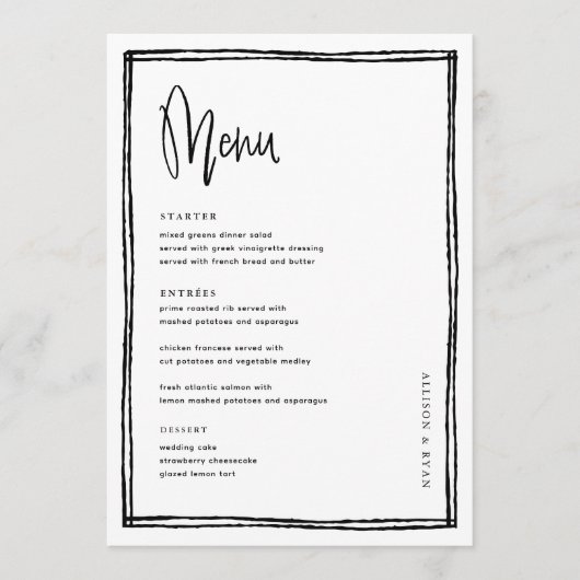 Handgeschreven Frans Huwelijks Tafelmenu  Menu (Voorkant)