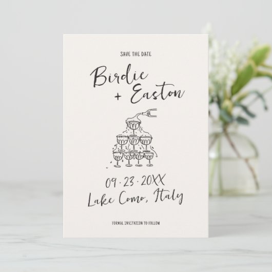 Handgeschreven geïllustreerde Champagne Tower brui Save The Date (Staand voorkant)