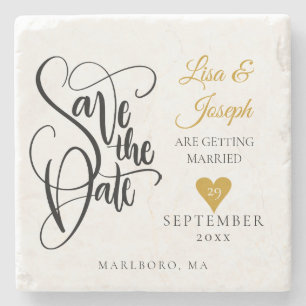 Handgeschreven Gold Heart Script Save the Date Stenen Onderzetter