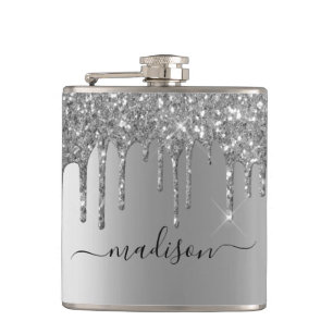 Handgeschreven kalligrafie op maat zilver glitters heupfles