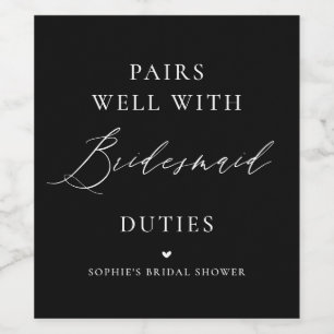 Handgeschreven kalligrafie Zwart bruidsmeisje Wijn Etiket