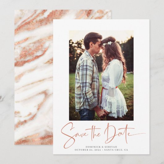 Handgeschreven koper Roos Gold Marble Save the Dat Date (Voorkant / Achterkant)