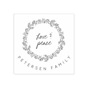 Handgeschreven liefde & vrede winterkrans familien 	rubberstempel