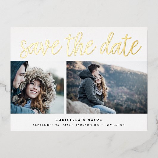 Handgeschreven Manuscript Twee Foto sparen de Datu Folie Uitnodiging Briefkaart (Voorkant)