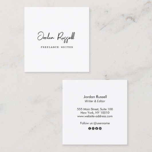 Handgeschreven Manuscript Zwart en Witte Vierkant Vierkante Visitekaartje (Voorkant / Achterkant)