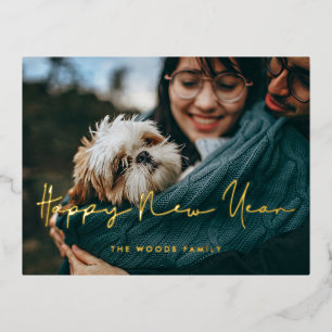 Handgeschreven minimalistische Happy New Year foto Folie Feestdagen Briefkaart