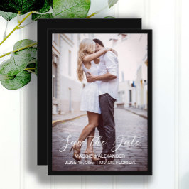 Handgeschreven modern Verloving Foto zwart Save The Date