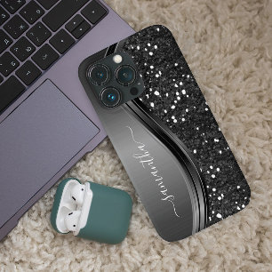 Handgeschreven monogram elegante zwarte metalen gl iPhone 12 hoesje