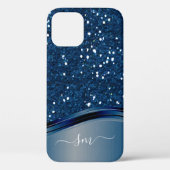 Handgeschreven Monogram Navy Blue Metal Glitter Case-Mate iPhone Case (Achterkant)