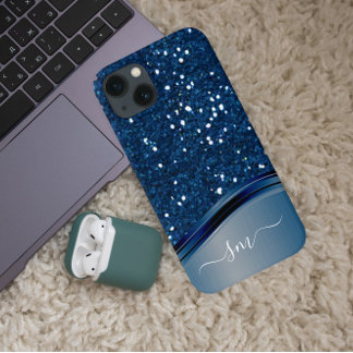 Handgeschreven Monogram Navy Blue Metal Glitter iPhone 12 Hoesje