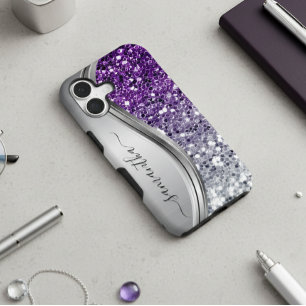 Handgeschreven Monogram Paars Silver Glitter Samsung Galaxy Hoesje