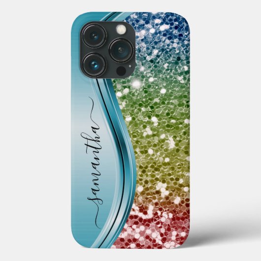 Handgeschreven monogram regenbooglitter Case-Mate iPhone case (Achterkant)