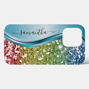 Handgeschreven monogram regenbooglitter iPhone 13 pro hoesje