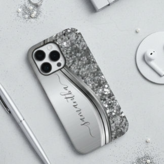Handgeschreven naam Silver Metal Glitter 12 iPhone 12 Hoesje