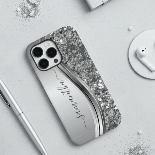 Handgeschreven naam Silver Metal Glitter 12 Case-Mate iPhone Case