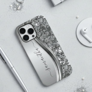 Handgeschreven naam Silver Metal Glitter 12 iPhone 12 Hoesje