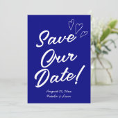 Handgeschreven Navy kleurrijke retro moderne bruil Save The Date (Staand voorkant)