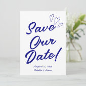 Handgeschreven Navy kleurrijke retro moderne bruil Save The Date (Staand voorkant)