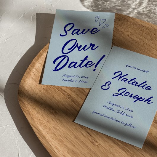Handgeschreven Navy kleurrijke retro moderne bruil Save The Date