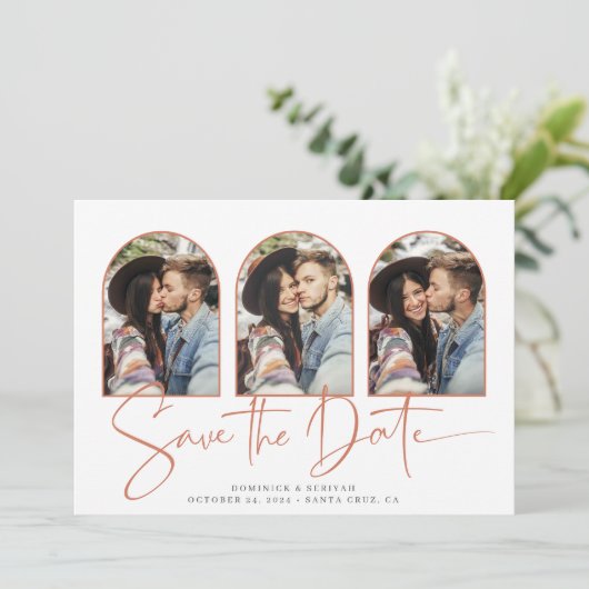 Handgeschreven Opslaan Datum Roos Gold Marble Arch Save The Date (Staand voorkant)