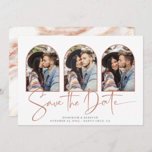 Handgeschreven Opslaan Datum Roos Gold Marble Arch Save The Date (Voorkant / Achterkant)