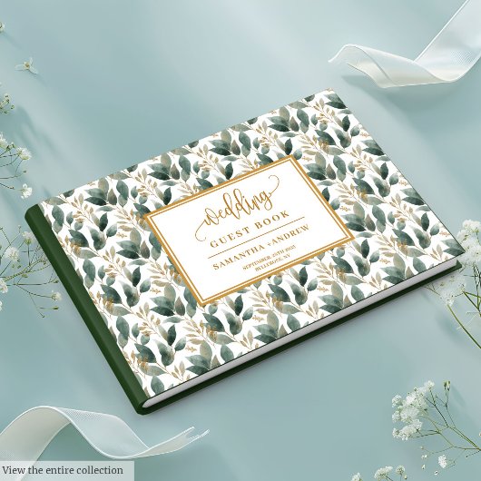 Handgeschreven pastel groen goud eucalyptus bruilo gastenboek