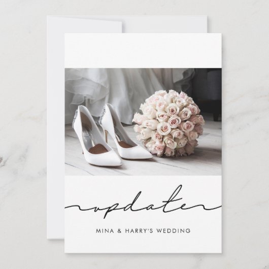 Handgeschreven postoned de updatefoto van de bruil aankondiging (Voorkant)