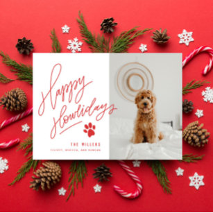 Handgeschreven rode, gelukkige feestdagen Paw Dog  Feestdagenkaart