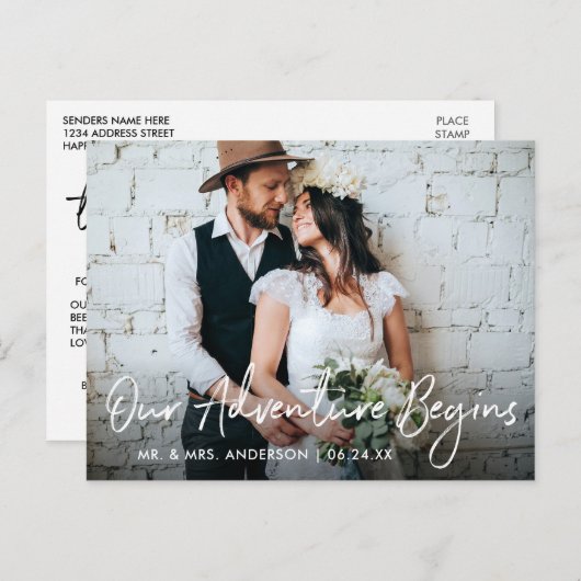 Handgeschreven script bruiloft ons avontuur Bedank Briefkaart (Voorkant / Achterkant)