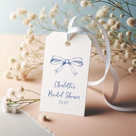 Handgeschreven Script Coquette Strik Blauwe Bruilo Cadeaulabel