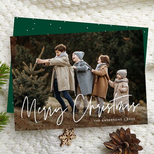 Handgeschreven Script Green Merry Christmas Photo Feestdagenkaart
