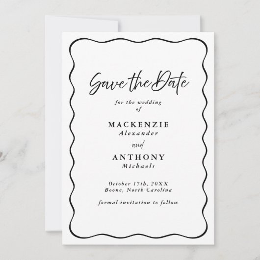 Handgeschreven Script Modern Wavy Lijst Zwart & Wi Save The Date (Voorkant)