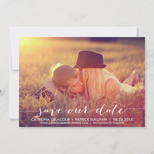 Handgeschreven script onze datumaankondiging opsla save the date (Voorkant)
