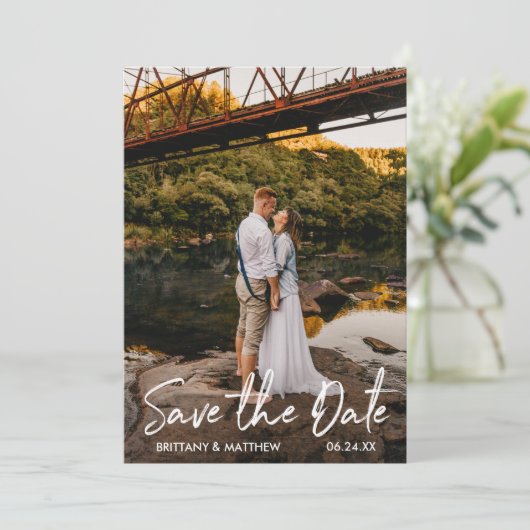 Handgeschreven script Opslaan Datum gekoppelde fot Save The Date (Staand voorkant)