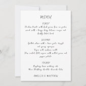 Handgeschreven Script Quirky White Wedding Menu Ka Kaart (Voorkant)