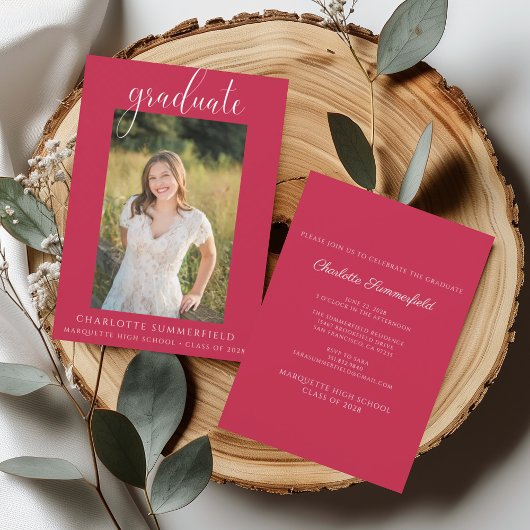 Handgeschreven Script Red Photo Graduation Party Kaart