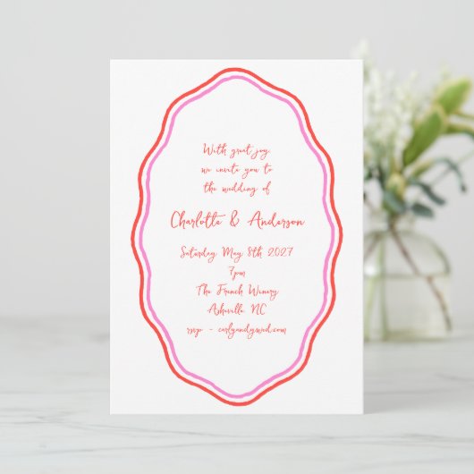 Handgeschreven Script Red Scribble Border Wedding Kaart (Staand voorkant)