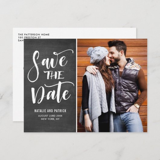 Handgeschreven Script schoolbordfoto De datum opsl Aankondigingskaart (Voorkant / Achterkant)