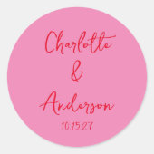 Handgeschreven Script Whimsy Pink Red Custom Weddi Ronde Sticker (Voorkant)