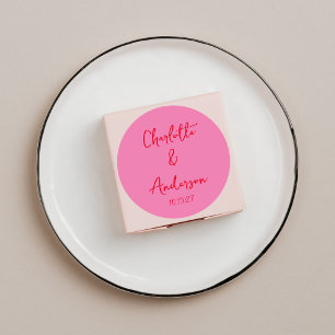 Handgeschreven Script Whimsy Pink Red Custom Weddi Ronde Sticker