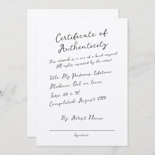 Handgeschreven scriptcertificaat van echtheid kaart (Voorkant / Achterkant)