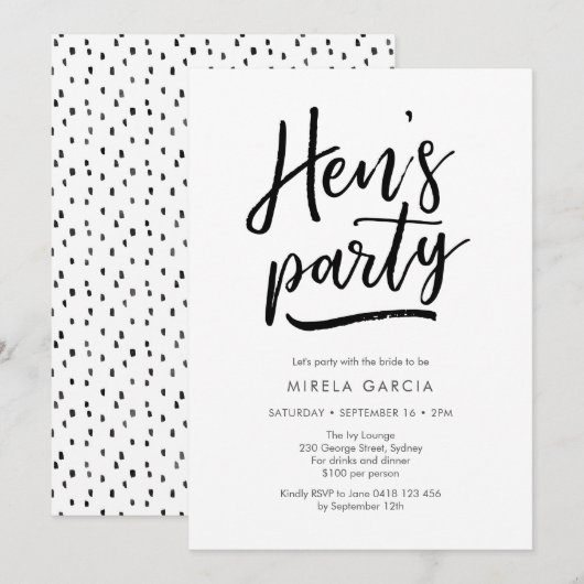 Handgeschreven uitnodiging voor Hen's Party (Voorkant / Achterkant)