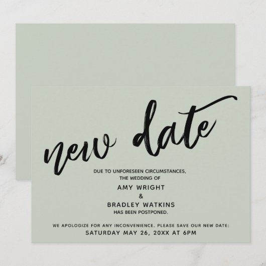 Handgeschreven uitstel bruiloft update Sage kaart (Voorkant / Achterkant)