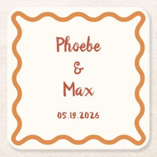 Handgeschreven Whimsical Wavy Border 70s Bruiloft Vierkante Kartonnen Onderzetter