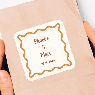 Handgeschreven Whimsical Wavy Border 70s Bruiloft Vierkante Sticker