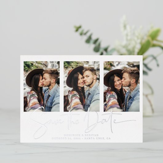 Handgeschreven zilveren oliesleutel Sla de datum o Folie Uitnodiging (Staand Voorkant)