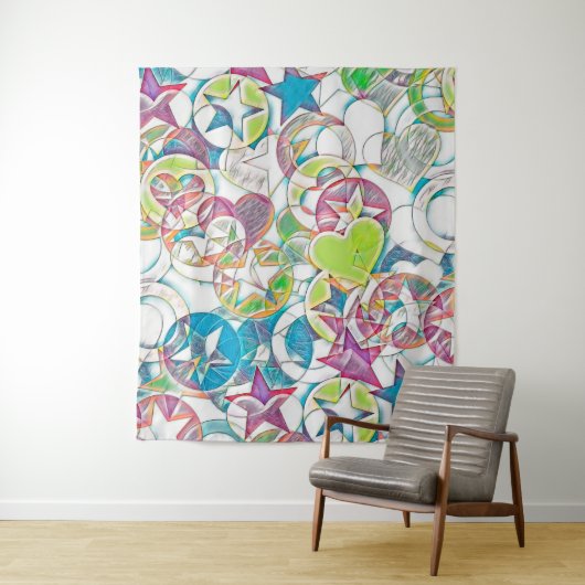 Handgetekend door EDDArt - Sterren en Harten 1 Wandkleed (In situ)