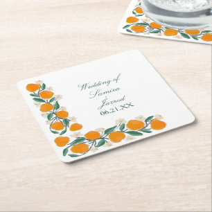 Handgetekend Oranje Botanisch Abstract Trouwen Vierkante Kartonnen Onderzetter