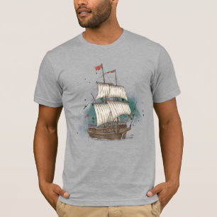 Handgetekend schip in boeggolf op spetterende acht t-shirt
