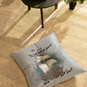 Handgetekend schip in bow Wave on Splash Backgroun Kussen